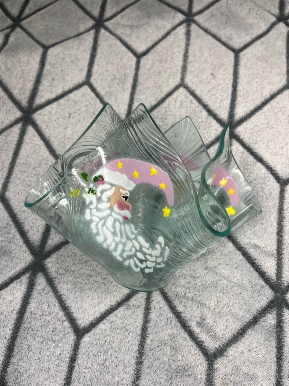 Vintage Blush Pink Santa Art Glass Votive Holder Decorative Vessel Candy Dish